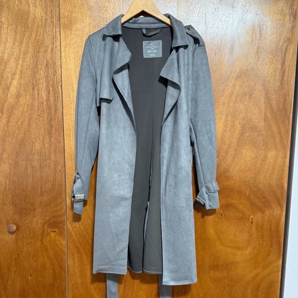 Lightweight Suede-Like Calf Length Jacket/Overshirt/Trench - Grey/Gray - Size L